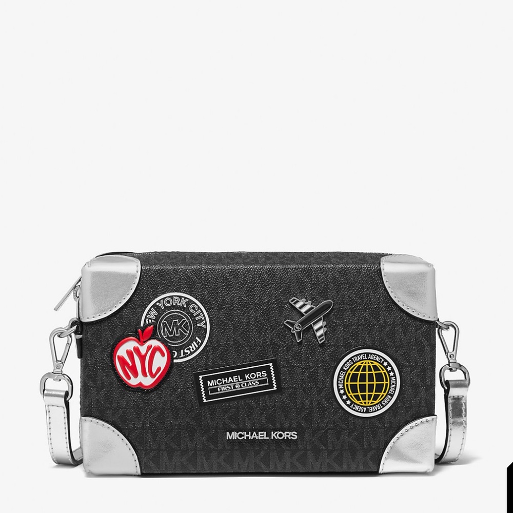 Michael Kors Jeanie Small EW Trunk Crossbody Travel Agency MK Logo Black/Silver